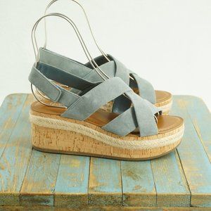 Franco Sarto Womens Nessa Sandals Cork Wedge Heel Blue Suede Strappy Size 7.5M